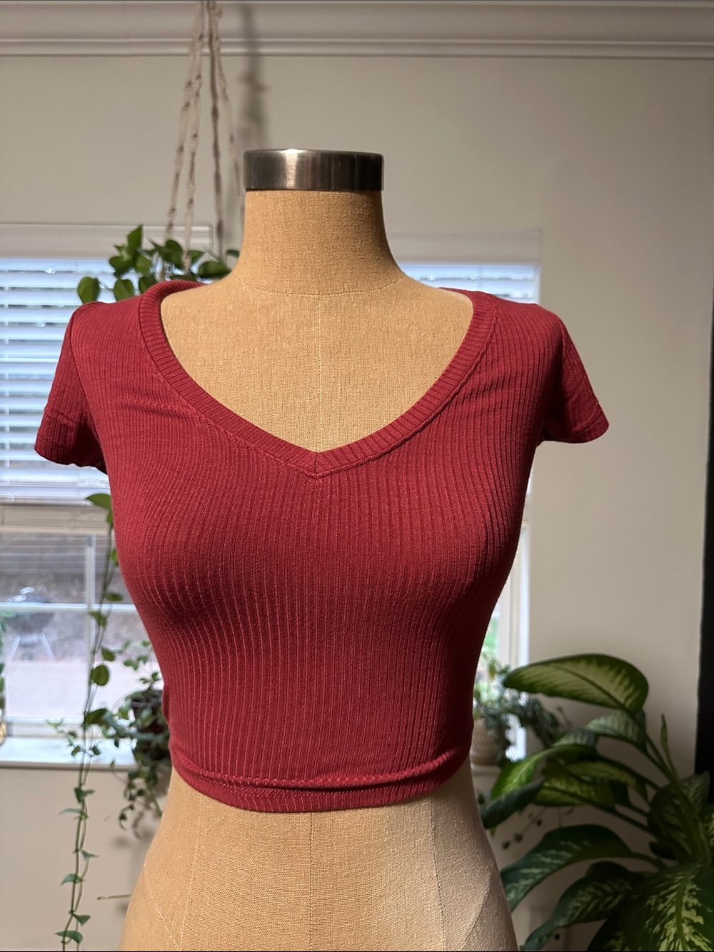Women's Ribbed V-Neck Crop Top - Burgundy